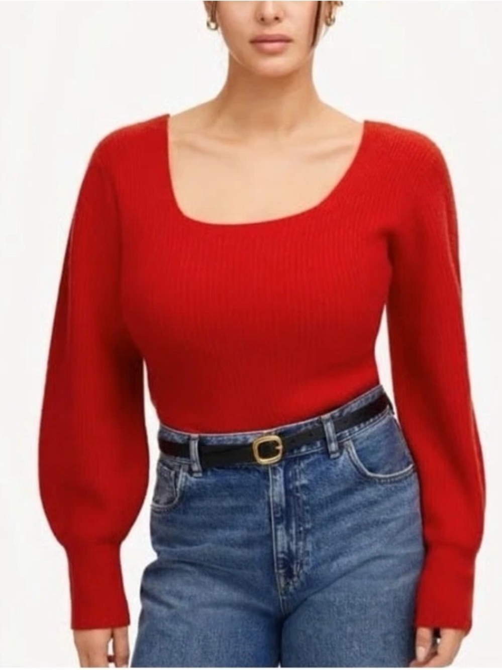 Madewell Soft Wool Square Neck Balloon Sleeve Ribbed Sweater Red Wool Cashmere M